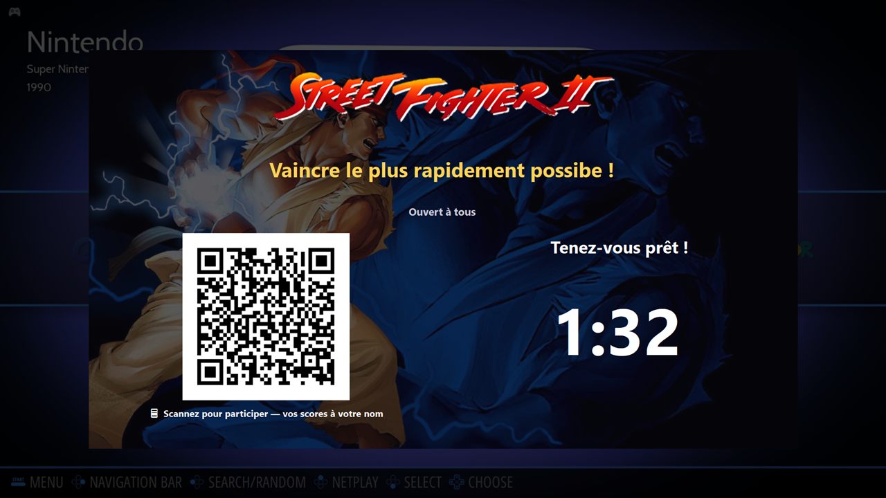 Annonce de challenge Street Fighter II sur la borne : objectif, QR géant, compte à rebours